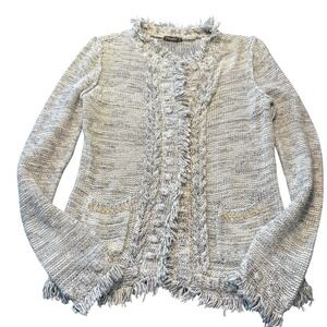 J. McLaughlin XS Fringed Cardigan Sweater Gray Knit Gold Accents‎